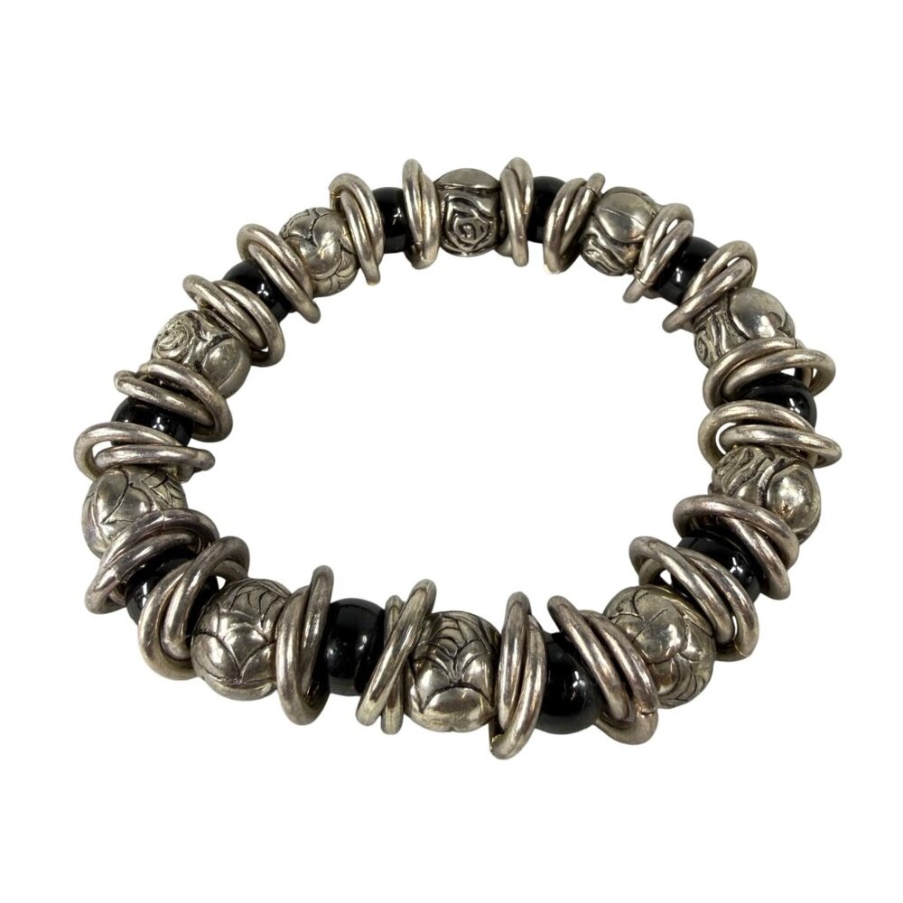 Silver Tone & Black Beaded Stretch Bracelet With Floral Etched Beads